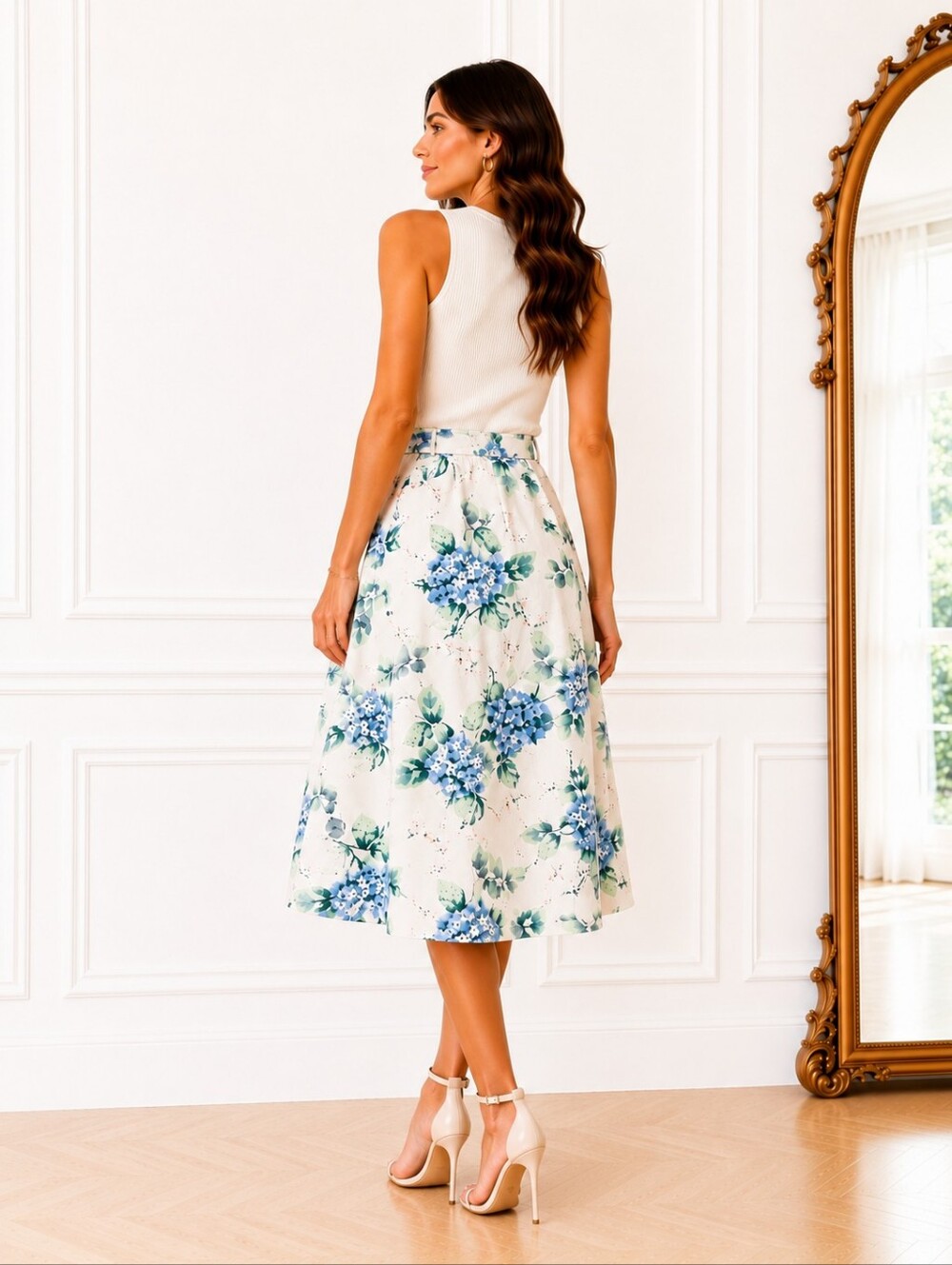 Lauren Conrad | Blue Hydrangea Floral Linen Blend A-Line Midi Skirt | Size Large - Picture 2 of 8